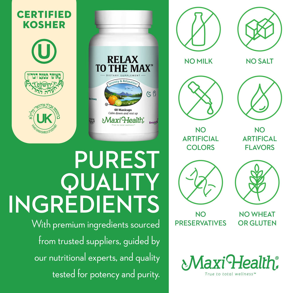 Maxi Health - Relax to The Max Stress Relief Formula (60 Count) Capsules with Vitamin C, Calcium, L-Theanine, L-Taurine & Amino Acids - All Natural Calming & Relaxation Supplements