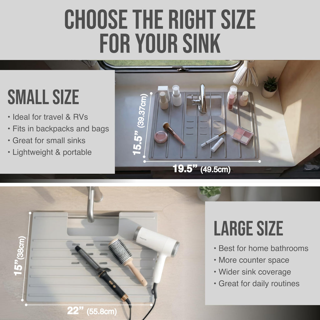 Maplefield Travel Size Bathroom Sink Cover for Counter Space - Foldable Silicone Sink Mat for Beauty Routine, Ideal for Small Bathroom, RVs, Camper Vans (Gray Small, 19.5 x 15.5 x 1.6 Inches)