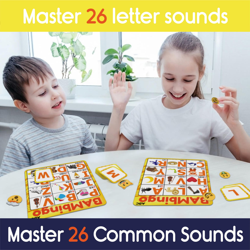 THE BAMBINO TREE Alphabet and Phonics Bingo - ABC Learning Letter Recognition and CVC Words with Pictures - Phonics Games for Kids Ages 3-7 yrs Preschool Kindergarten