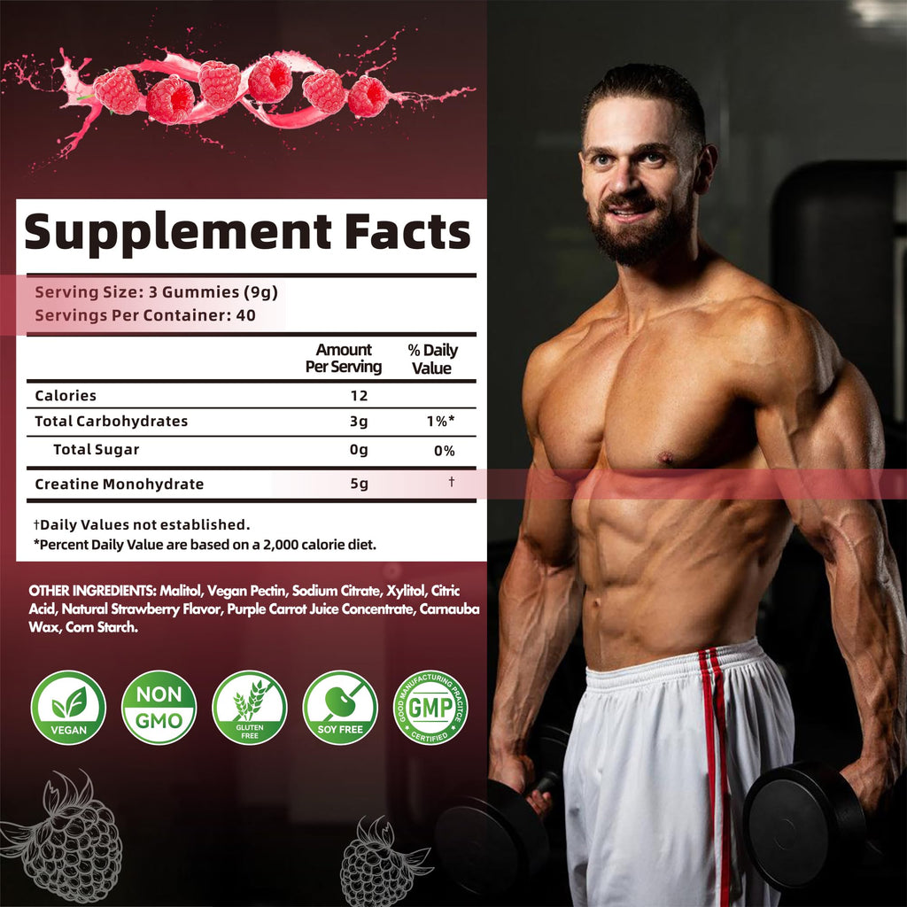 Nutravita Creatine Monohydrate Gummies for Men & Women-5g of Creatine Monohydrate per Serving - Sugar Free,Vegan, Raspberry Flavor, 120 Count