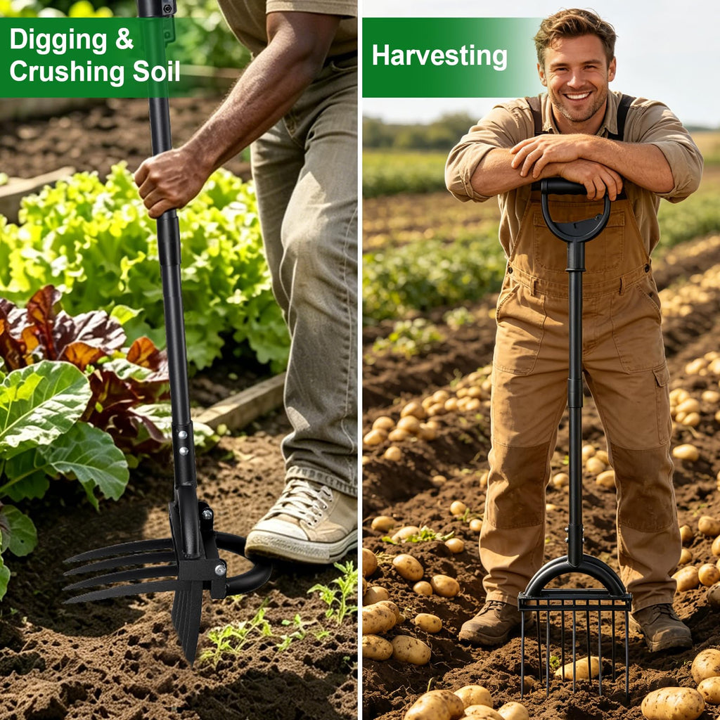 REILEIHODE Broad Fork Garden Tool, 63" Heavy Duty Broadfork Hand Tiller with Double 5+4 Sharp Tines, Garden Pitchfork with Ergonomic D-Shaped Handle, Spading Dig
