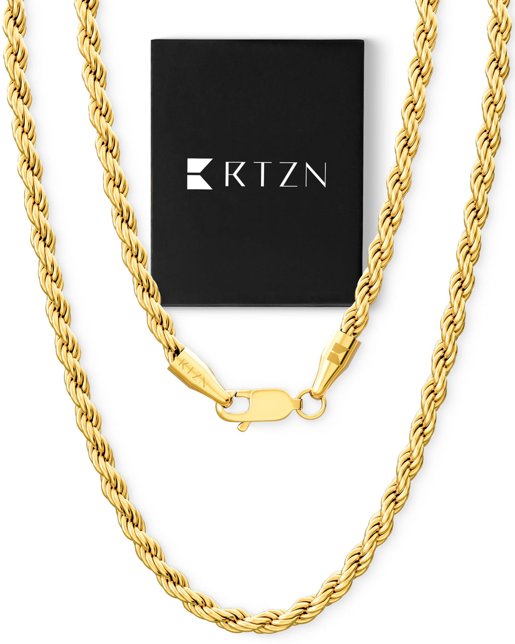 RTZN® Rope Chain for Men – 4mm 18K Gold Mens Rope Chain – Premium Stainless Steel Necklace for Men – Non-Tarnish & Waterproof Gold Mens Chain Necklaces (20'' Inches)