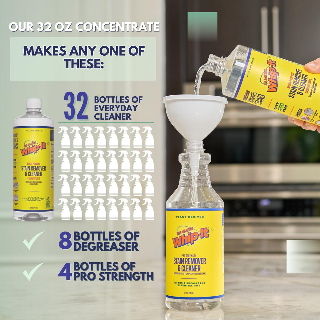 Whip-It All Natural Enzyme Cleaner Stain Fighting Kit - Professional Strength Stain Remover Spray 32oz and Concentrate Multi-Purpose Stain Remover 32oz - Made in the USA