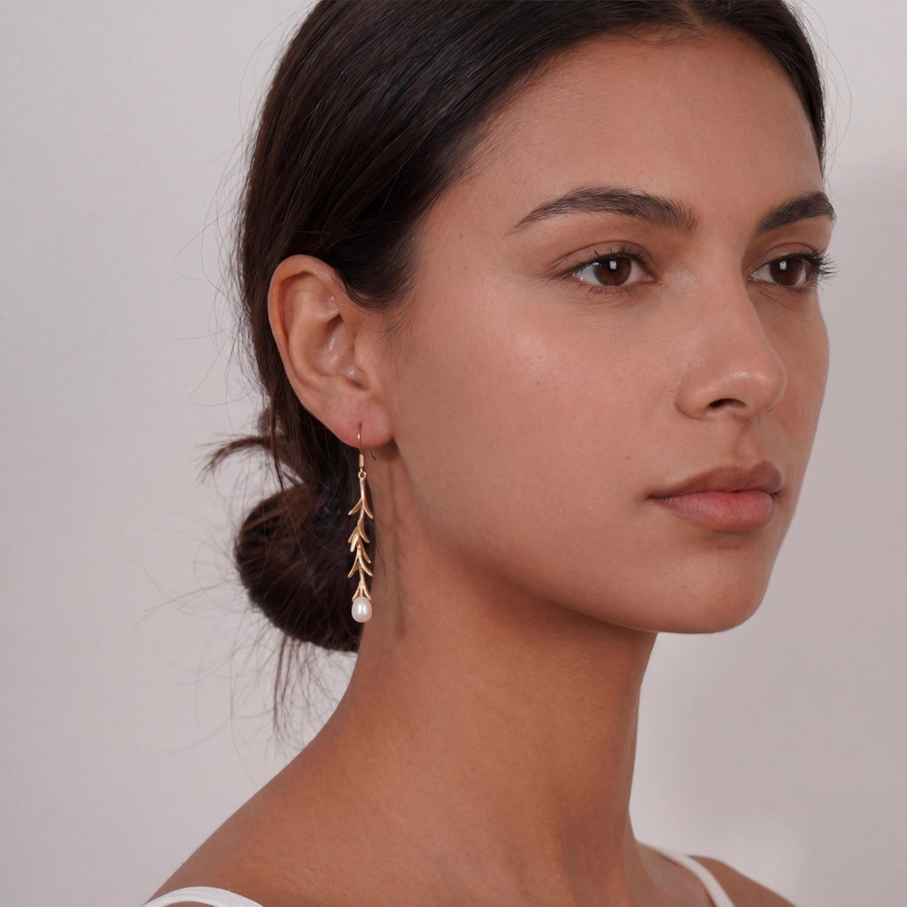 JaruJaru Elegant Freshwater Baroque Pearl Drop Earrings, Real Naturally Cultured Pearls, Long Dangle Earrings for Women, 18K Gold-Plated, Unique Jewellery Gift for Her (Gold Willow Leaf)