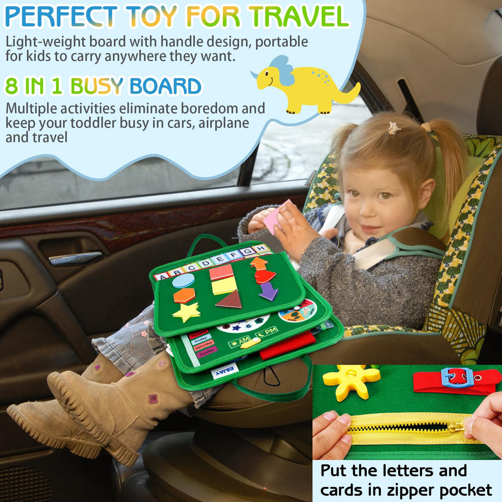 Esjay Toddler Busy Board Montessori Toys for Boys and Girls, Sensory Board Educational Activities for Learning Fine Motor Skills, Birthday Gifts Toddlers, Travel Toys for Airplane Car, Green Dinosaur