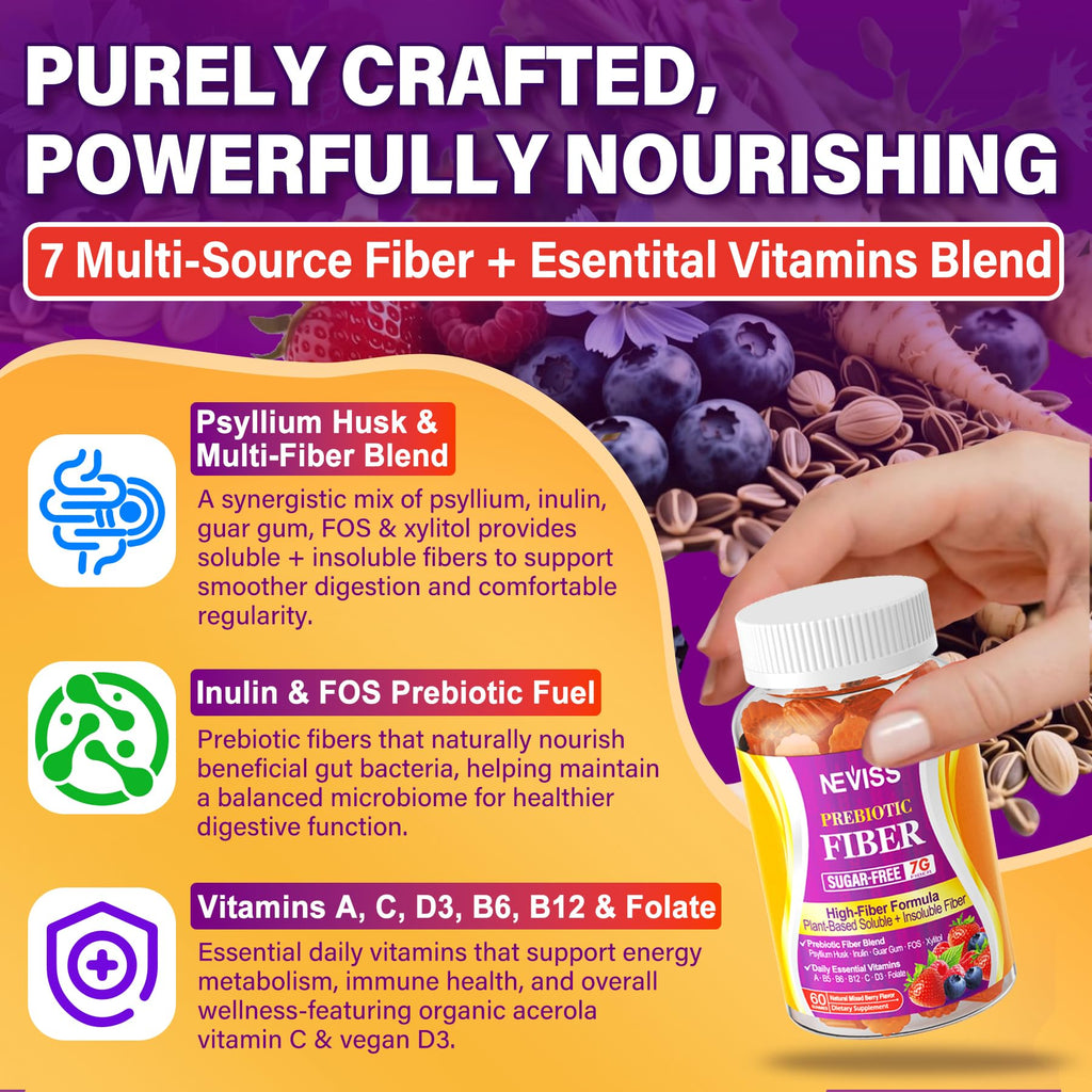 1Pack Fiber Gummies for Adults with Psyllium Husk, 7G(Soluble + Insoluble) Daily Prebiotic Fiber with Inulin, FOS, Guar Gum, Multivitamins for Daily Digestive Health, Regularity Gut Support,Sugar Free