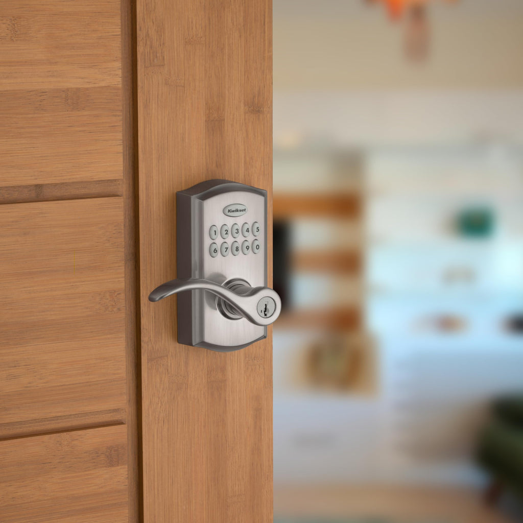 Kwikset SmartCode 955 Pembroke Light Commercial 10-Button Keypad Electronic Lever, Convenient Keyless Entry, 3-Year Battery Life and High Traffic Durability in Satin Nickel