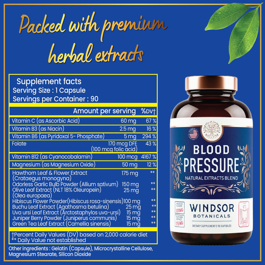 Blood Pressure Support Supplement - Green Tea, Hibiscus, Hawthorn, Garlic - Blood Pressure Vitamin, Mineral and Activated Naturals - 3 Month Supply, 90 Capsules