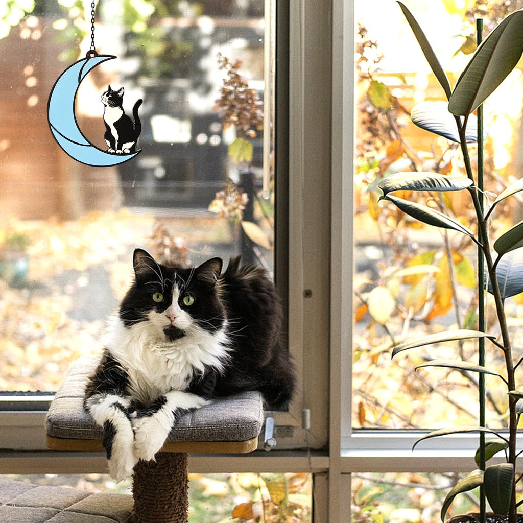 YULAIKUAI Black and White Cat Gift,Tuxedo Cat Stained Glass Art Suncatcher