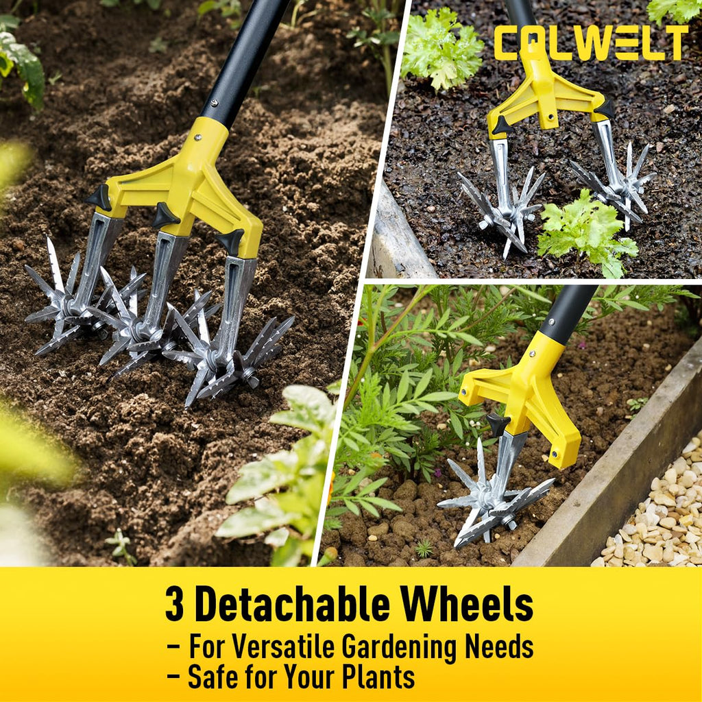Colwelt Rotary Cultivator Garden Tool 61’’, Hand Tiller Garden Tool with Detachable Aluminum Tines, Cultivators for Gardening Soil or Reseeding Grass, Manual Cultivators & Tillers for Flowers Beds