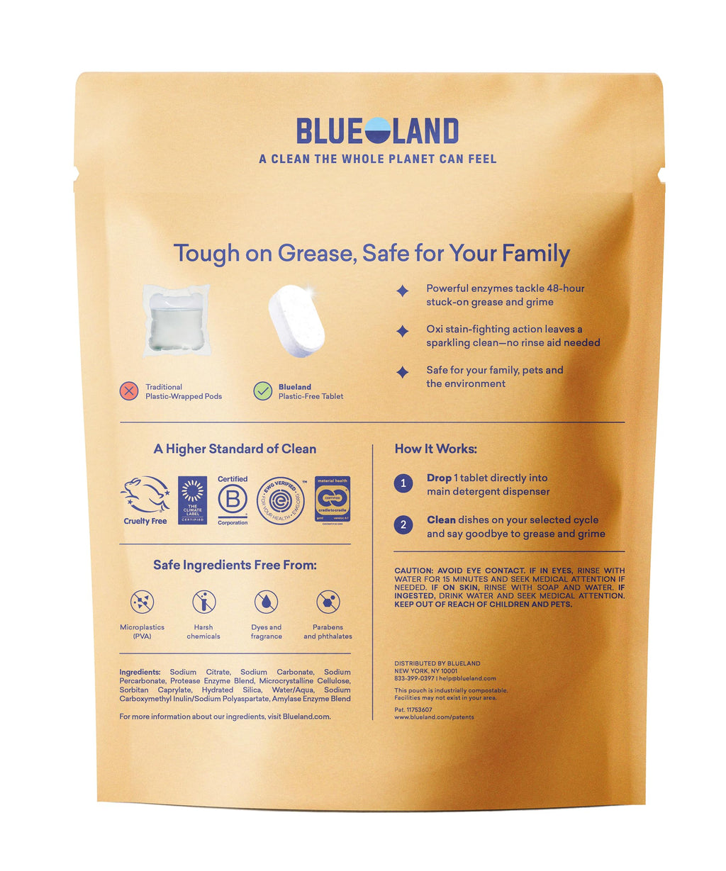 BLUELAND 100% Plastic-Free Dishwasher Detergent Tablets, 60ct, Lemon Zest