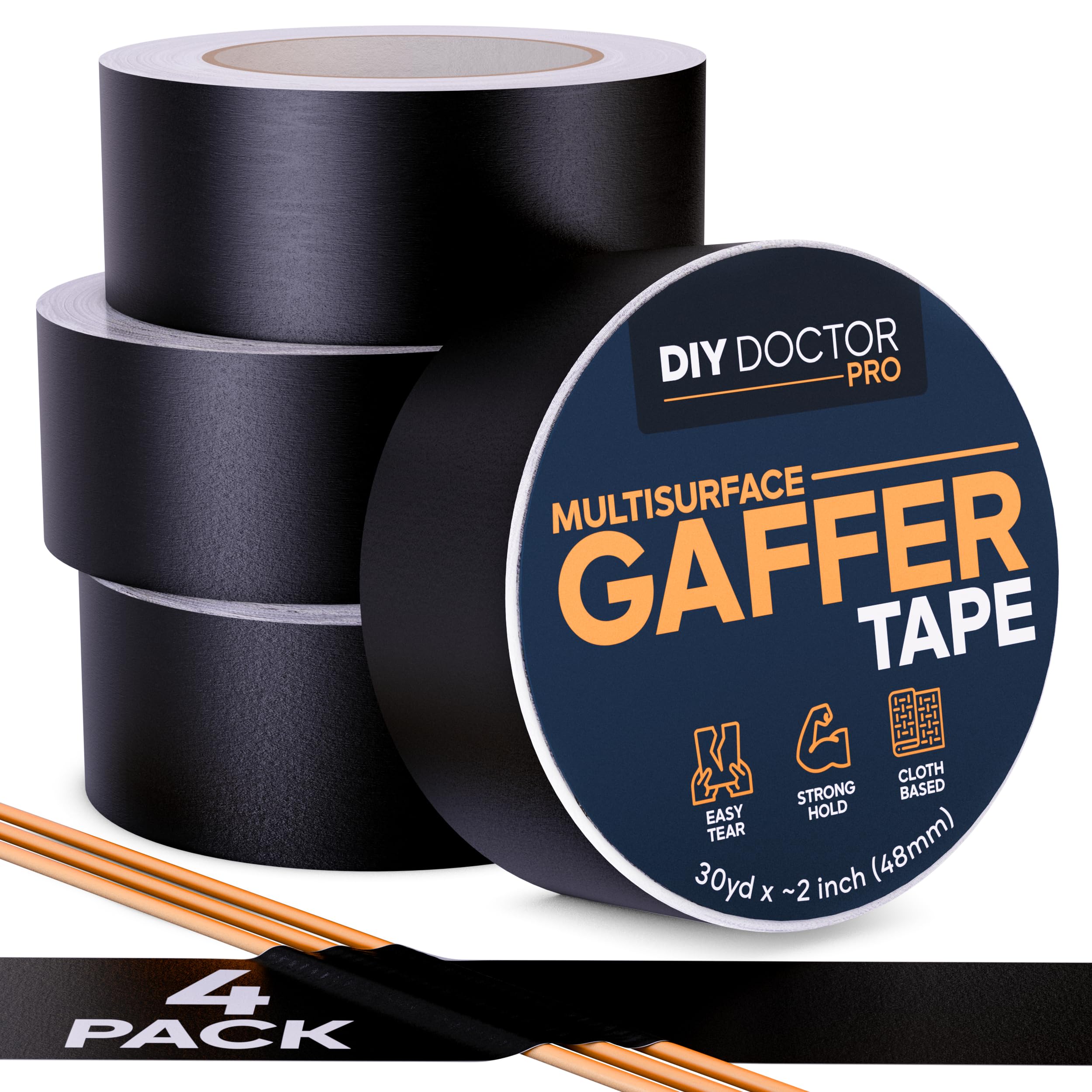 Strong Adhesive Gaffer Tape 2 Inch x 30 Yards Black Matte Cloth - 4 Pack