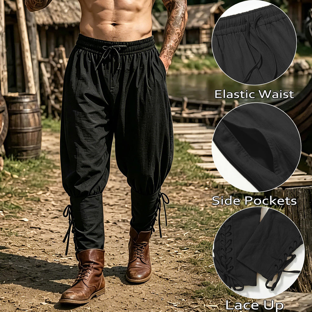 Men's Medieval Renaissance Pirate Pants Viking Ren Faire Costume(XL,Black)