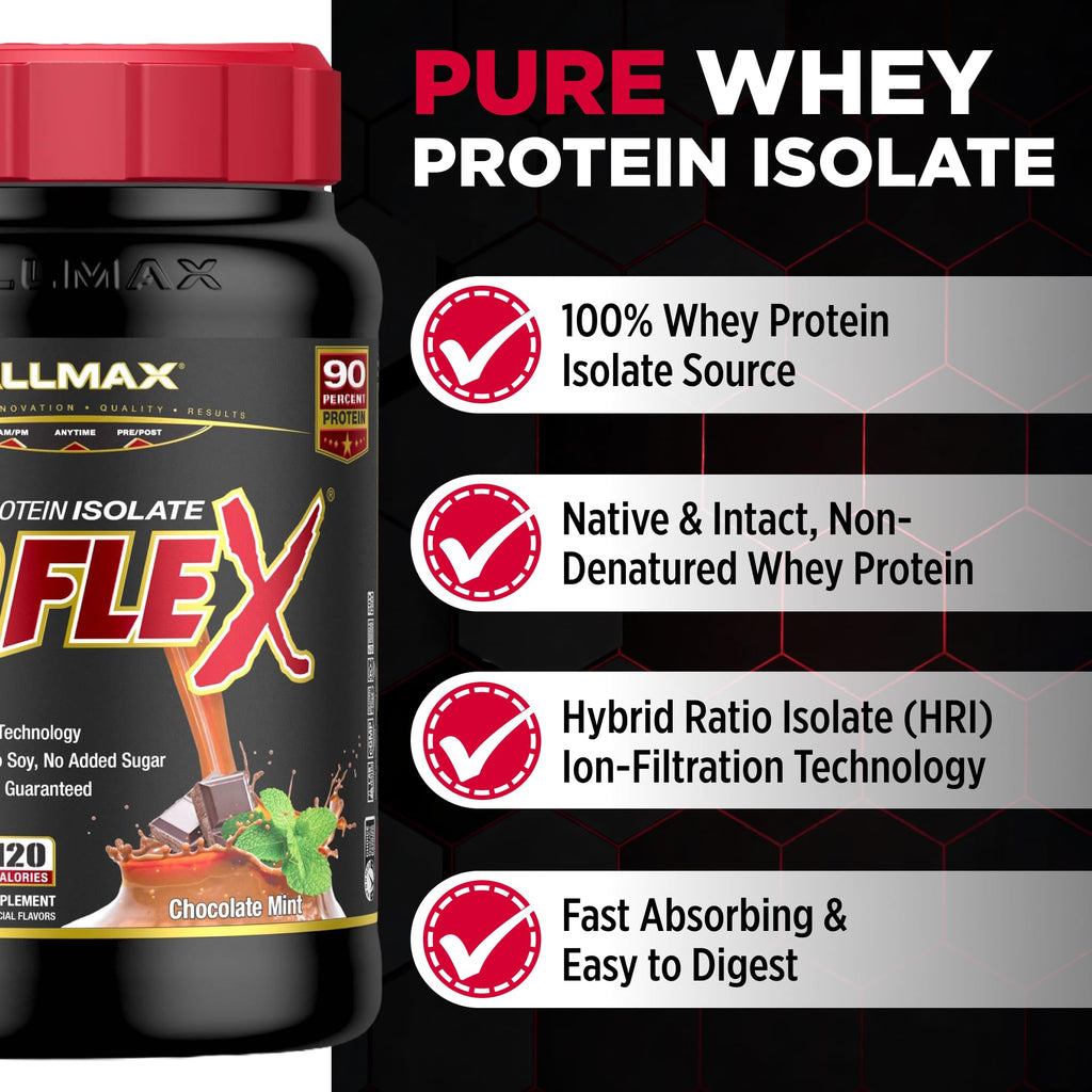 ALLMAX ISOFLEX Pure Whey Isolate Protein Powder - Gluten Free, Low Lactose, Sugar-Free - High-Protein, Clean, Keto-Friendly for Pre Post Workout Supplement for Women and Men | Chocolate Mint, 2lb