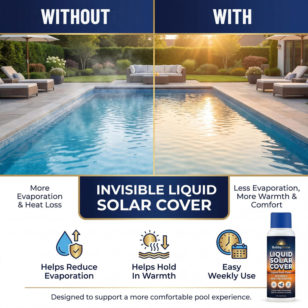 Liquid Solar Pool Cover for Inground & Above Ground Pools, 32 oz Weekly Liquid Solar Blanket for Pool, Helps Reduce Evaporation & Hold in Warmth, Invisible Pool Water Warmer, BubbyShine
