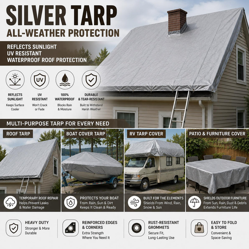 GliCraft 8 Pack Silver Tarps 6 x 8 ft, 5.5 Mil Waterproof Reflective Tarps, UV Resistant Sun Shade Tarp, Heavy Duty Roof Tarp for Roof Protection, Boat Cover, Rv Cover, Cars, Patio Furniture, Camping