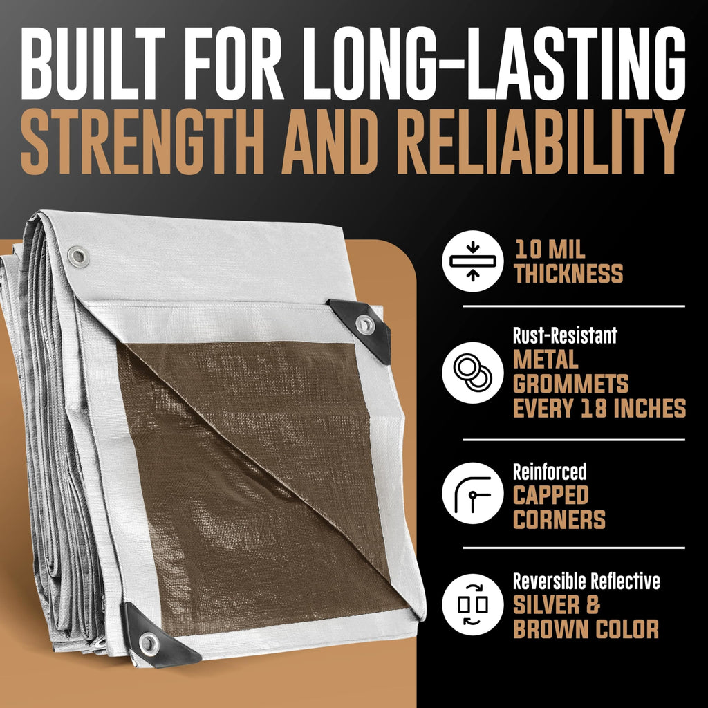 10x20 Heavy Duty Tarp, 10 Mil Thick, Waterproof, Tear & Fade Resistant, High Durability, UV Treated, Grommets Every 18 Inches. (Silver/Brown - Reversible) (10 x 20 Feet)