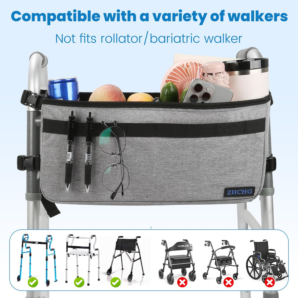 ZHCHG Walker Basket for Seniors, Walker Accessories, Folding Walker Bag with Large Capacity & Never Tipping Over, Best Gift- Gray (Not Fit Rollator Walkers)