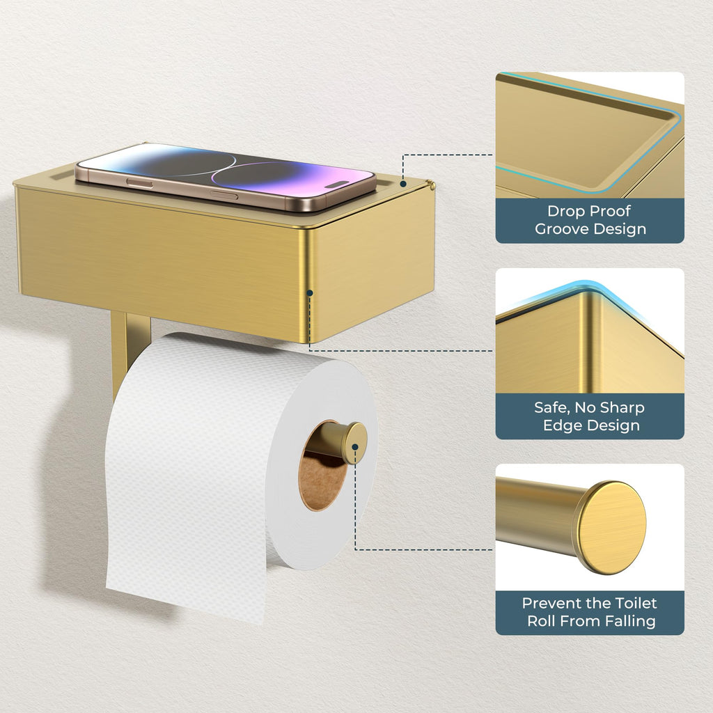 FORIOUS Toilet Paper Holder with Shelf, Wall-Mounted Modern Wipes Dispenser