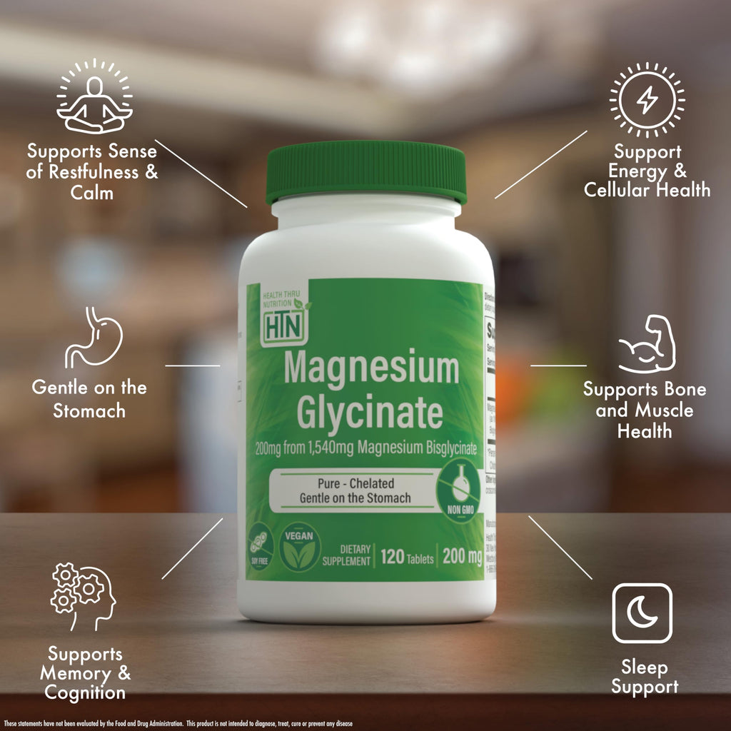 Magnesium Glycinate - Muscle, Nerves, Relaxation & Sleep Supplement | 200mg Elemental Magnesium Fully Reacted Chelated | Gentle on the Stomach | Non-GMO 240 Tablets | by Health Thru Nutrition