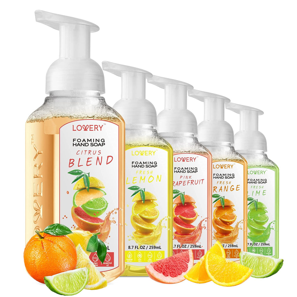 Foaming Hand Soap Pump - 5-PK - Moisturizing Hand Soap Foam with Aloe Vera & Essential Oils - Alcohol-Free Hand Wash in Citrus Blend, Lemon, Orange, Lime, Grapefruit Fragrances for Kitchen & Bathroom