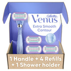 Gillette Venus Razor for Women, Extra Smooth Contour, Includes 1 Reusable Razor Handle + 4 Count 5-Bladed Razor Refills, with Flexiball Pivoting Handle and Shower Holder