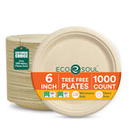 ECO SOUL Compostable Paper Plates 6 Inch, 1000 Pack – Small Disposable Dessert Plates, Heavy Duty, Natural Bagasse, Leak Resistant, Microwave Safe, Eco-Friendly Round Appetizer Plates for Party & BBQ
