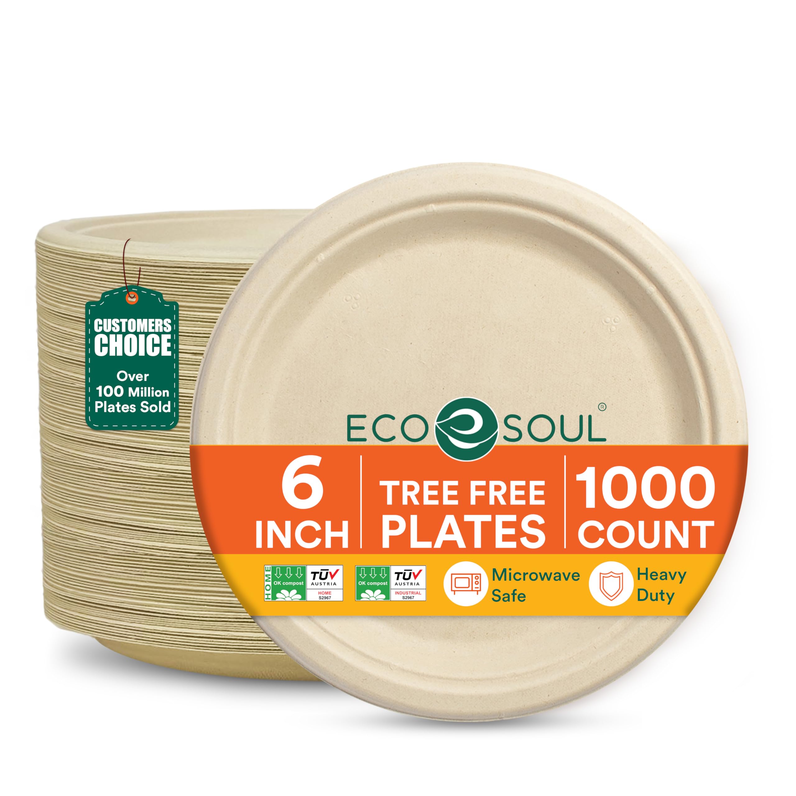 ECO SOUL Compostable Paper Plates 6 Inch, 1000 Pack – Small Disposable Dessert Plates, Heavy Duty, Natural Bagasse, Leak Resistant, Microwave Safe, Eco-Friendly Round Appetizer Plates for Party & BBQ