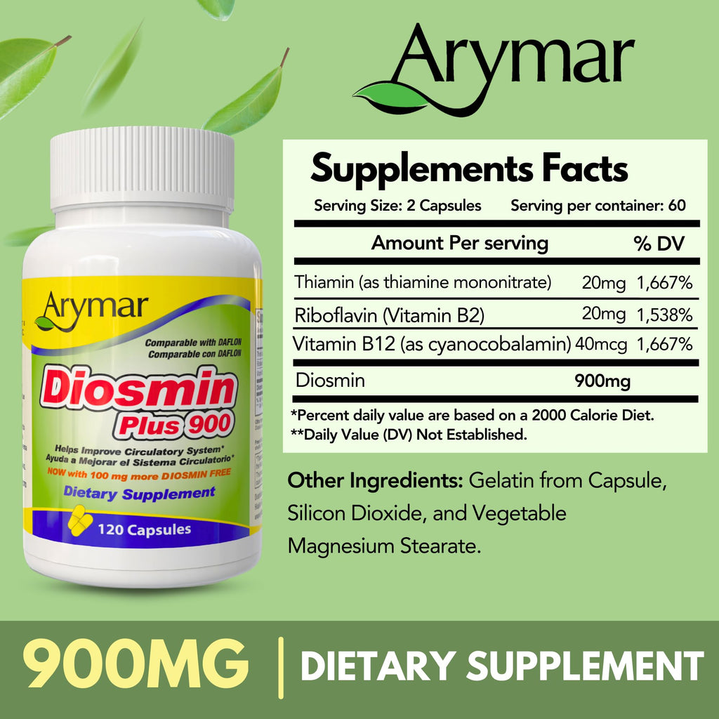 Arymar Diosmin Plus 900, Circulatory System Support (60 Capsules/Pack of 1) (120 Capsules)