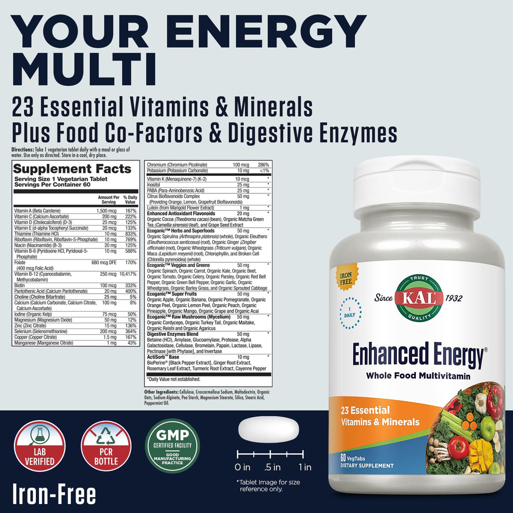 KAL Enhanced Energy Supplement - Whole Food Multivitamin for Men & Women, Wholesome Support from Greens, Fruits, & Vegetables, Energizing Blend for Adults - 60 Count VegTabs