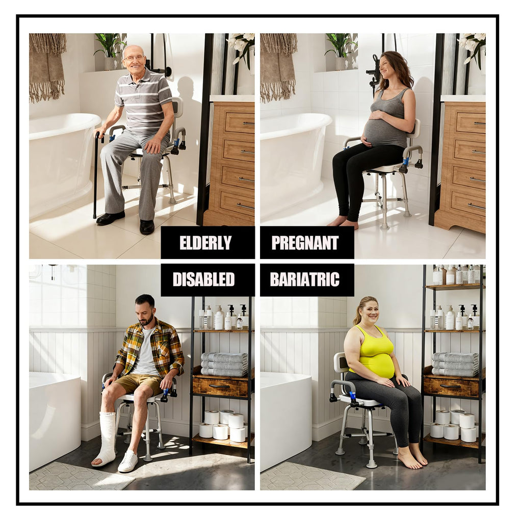 360° Swivel Shower Chair for Elderly and Disabled 400lbs Heavy Duty Bathing Transfer Stool with Armrests & Backrest Adjustable Height Bath Chair for Inside Shower Standard Bathrooms & Bathtubs Gray