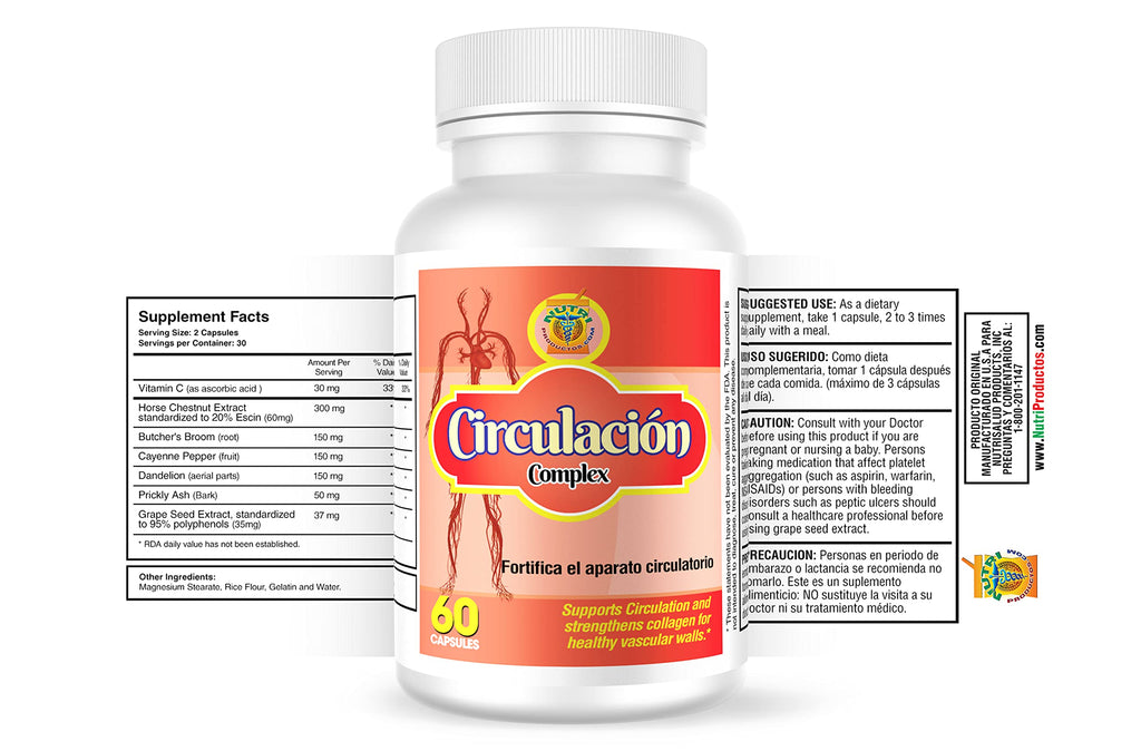 Nutrisalud Products Circulacion Complex, Capsulas naturales para la circulacion.Set de 2 frascos.Combaten Varices,calambres,hinchazon de pies y Manos,ayudan a bajar el colesterol.