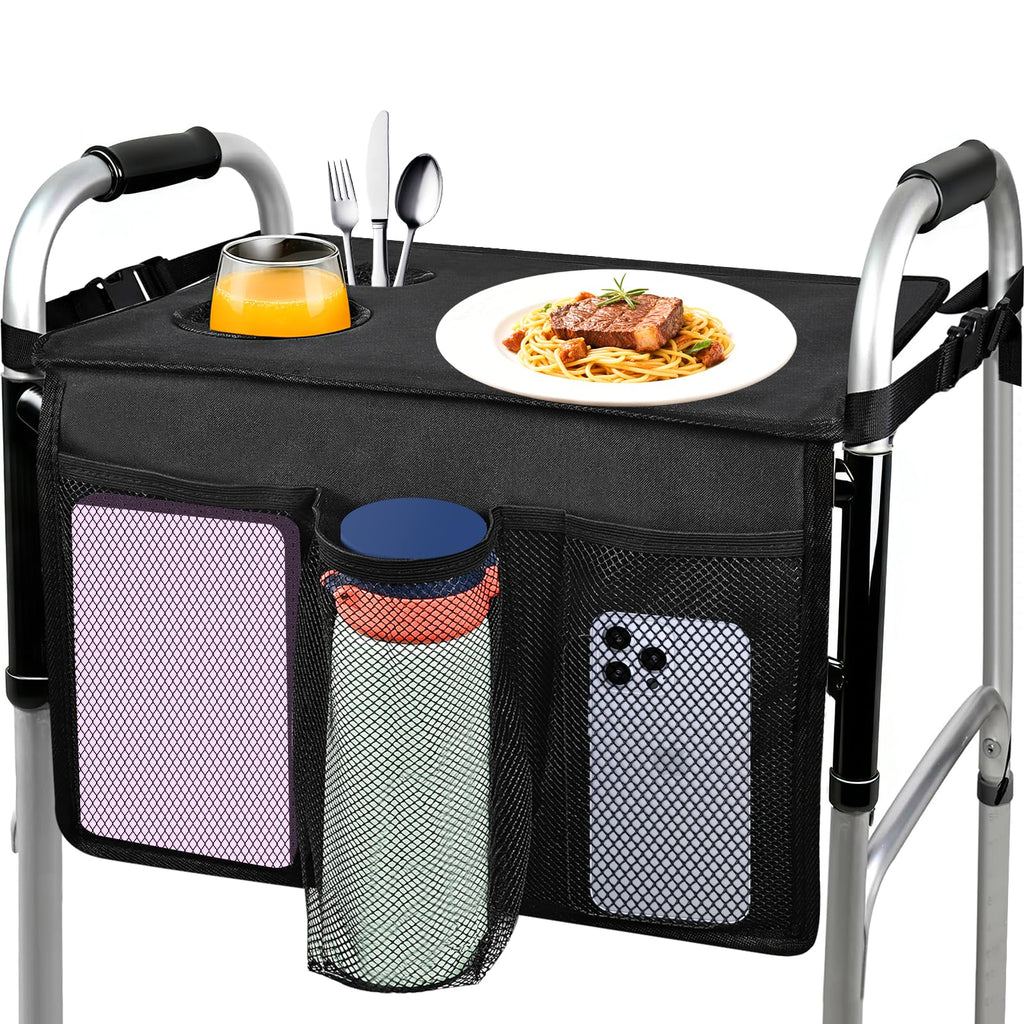 Cejiuga Walker Tray for Folding Walker, Premium Tray for Walker for Seniors with Cup Holder, Walker Trays for Rolling Folding Walker, Walker Accessories for Seniors (Black)