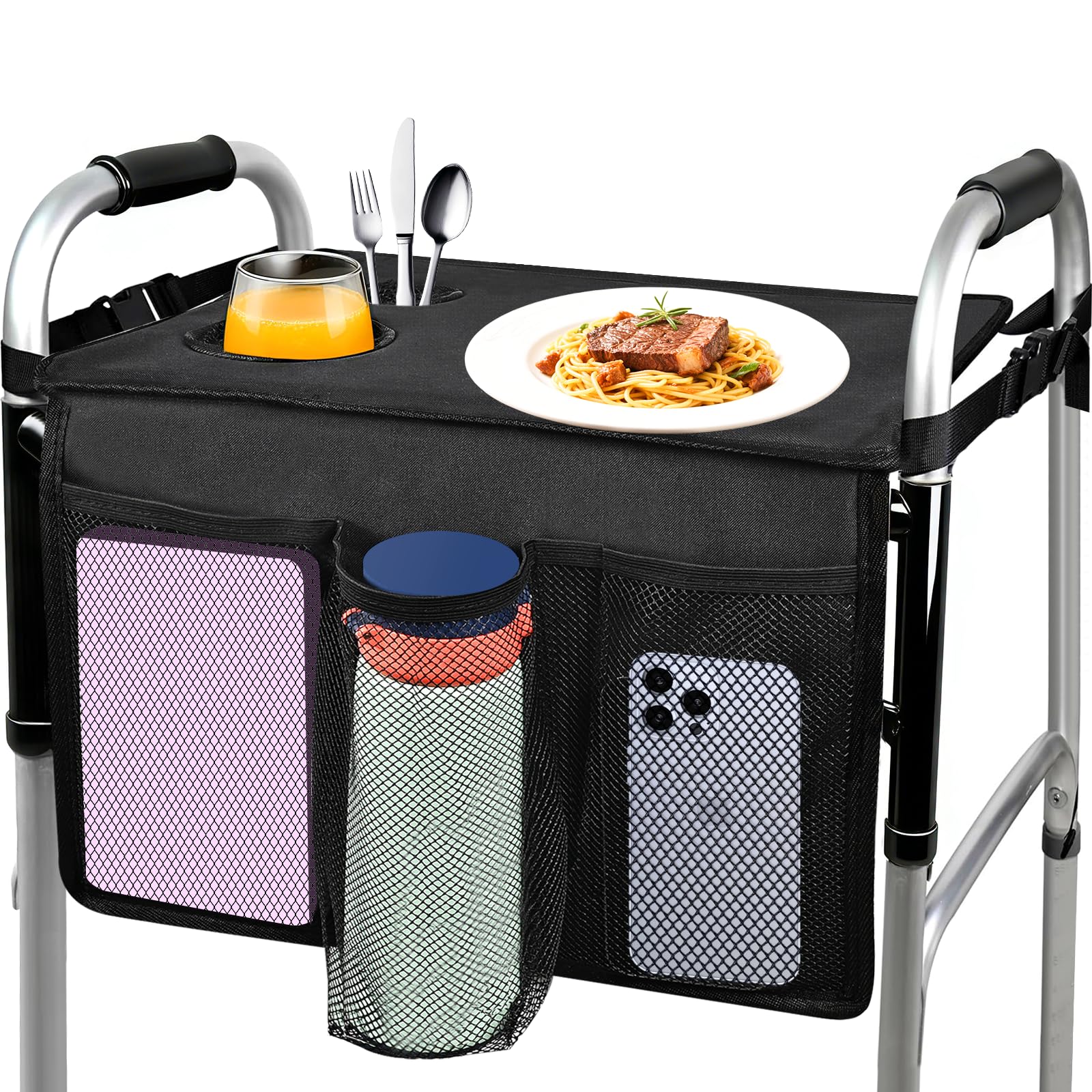 Cejiuga Walker Tray for Folding Walker, Premium Tray for Walker for Seniors with Cup Holder, Walker Trays for Rolling Folding Walker, Walker Accessories for Seniors (Black)