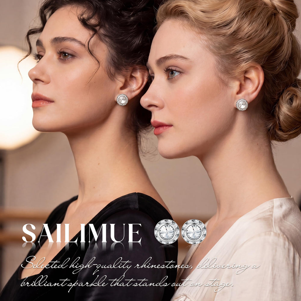 SAILIMUE 15Pairs Rhinestone Earrings For Women Dance Competition Performance Ballet Stud Earrings Stainless Steel Round Acrylic Stone Inside Rhinestone Crystal Halo Dance Competition Earrings Set15mm