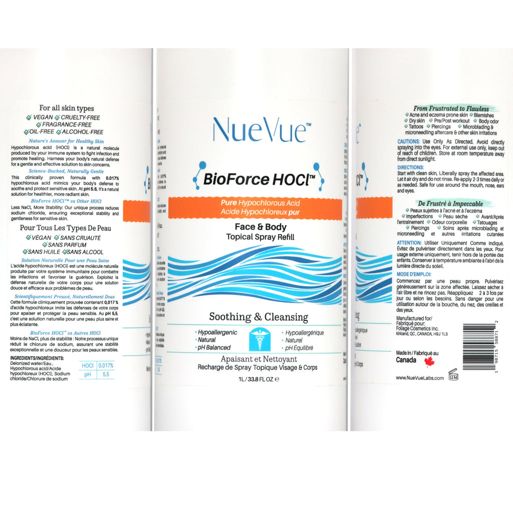 BioForce HOCl Pure Hypochlorous Acid Spray Refill for Face & Body (33 Oz) - Acne-Prone Skin & Eczema, Piercing aftercare, Made in Canada, Gentle Skin Cleanser & Toner, pH Balanced, Non-comedogenic