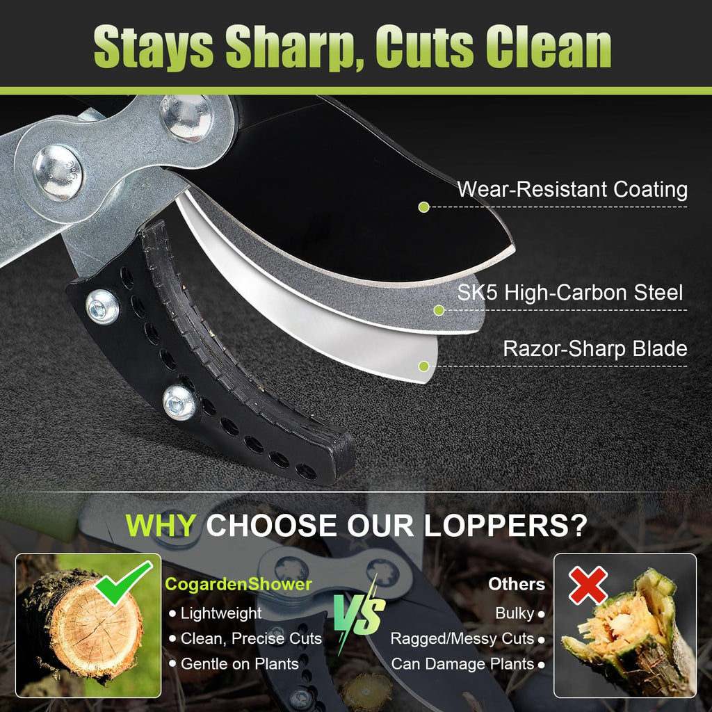Heavy Duty Hand Loppers Pruning Shears for Gardening,25"-44" Extendable Branch Cutter for Tree Limb Trimming, Lightweight Anvil Lopping Shears for up to 2” Thick Branches Cutters (Green)