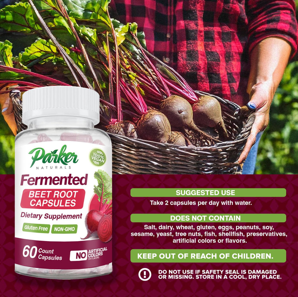 Parker Naturals Organic Fermented Beet Root Capsules Supports Healthy Immune System, Gluten Free, Non-GMO and Vegan. 60 Count