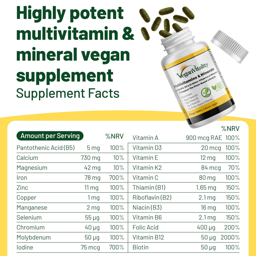 Vegan Vitality Multivitamins & Minerals for Women and Men with High Strength Vitamin B12, D3 & K2. 180 Vegan Multivitamin Tablets - 6 Months Supply. Vitamins for Vegans. Women Multivitamin