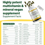Vegan Vitality Multivitamins & Minerals for Women and Men with High Strength Vitamin B12, D3 & K2. 180 Vegan Multivitamin Tablets - 6 Months Supply. Vitamins for Vegans. Women Multivitamin