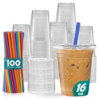 GUSTO [16 oz. - 100 Count Clear Cups with Flat Lids & Straws - Disposable Clear Drinking Cups for Iced Coffee, Cold Drinks, Milkshakes, and Smoothies - Formerly Comfy Package