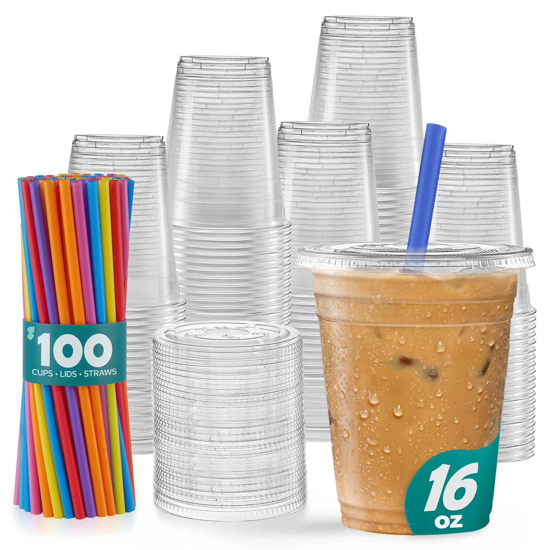 GUSTO [16 oz. - 100 Count Clear Cups with Flat Lids & Straws - Disposable Clear Drinking Cups for Iced Coffee, Cold Drinks, Milkshakes, and Smoothies - Formerly Comfy Package
