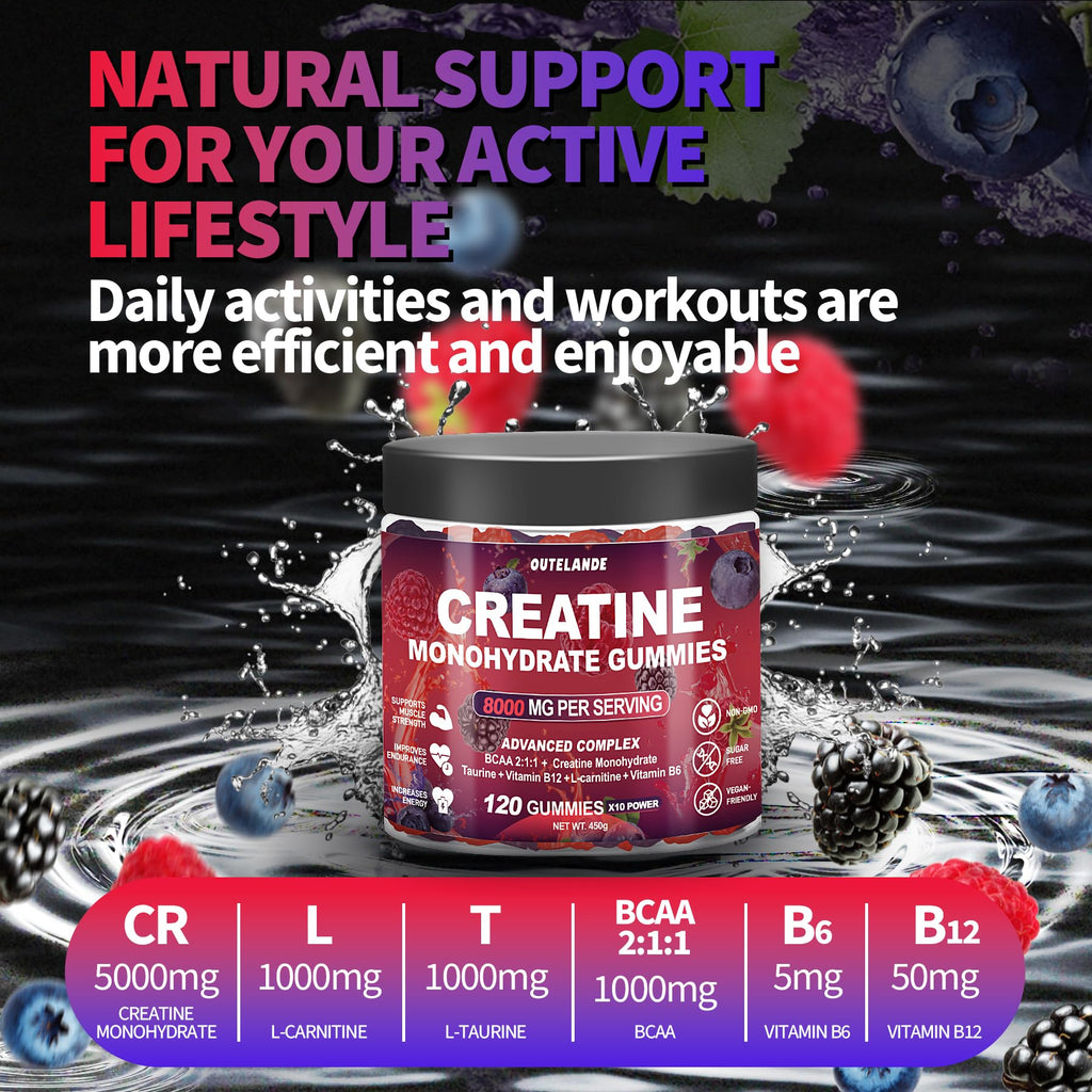 Creatine Monohydrate Gummies 8000 mg for Men & Women, Creatine Supplement for Enhanced Muscle Growth, Energy Boost - with L-Taurine, Sugar Free, Vegan, Raspberry BlackBerry Blueberry Flavor-120 Count