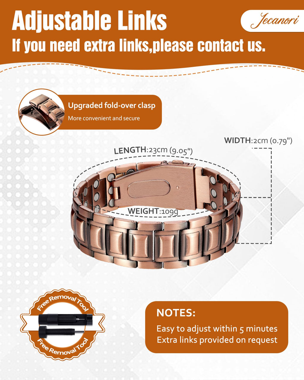 Jecanori 3X Strength Copper Bracelets for Men, Magnetic Bracelets for Men with 3800 Gauss Magnets, Premium Fold-Over Clasp