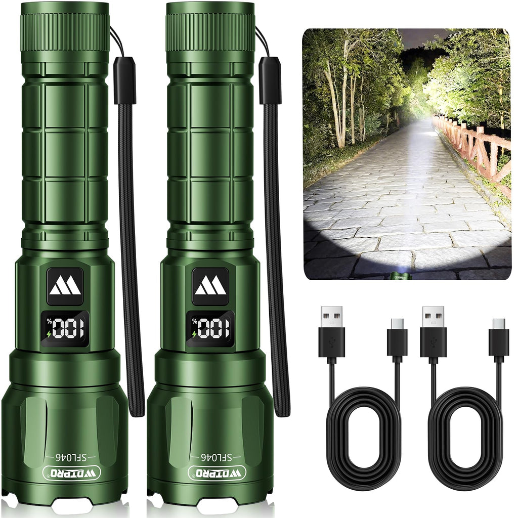 WdtPro LED Rechargeable Flashlight 2 Pack, 3 Modes Super Bright High Lumens Flashlights, Zoomable Tactical Flash Light with LCD Display, IP65 Waterproof Flashlights for Home Emergency Camping - Green