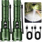 WdtPro LED Rechargeable Flashlight 2 Pack, 3 Modes Super Bright High Lumens Flashlights, Zoomable Tactical Flash Light with LCD Display, IP65 Waterproof Flashlights for Home Emergency Camping - Green