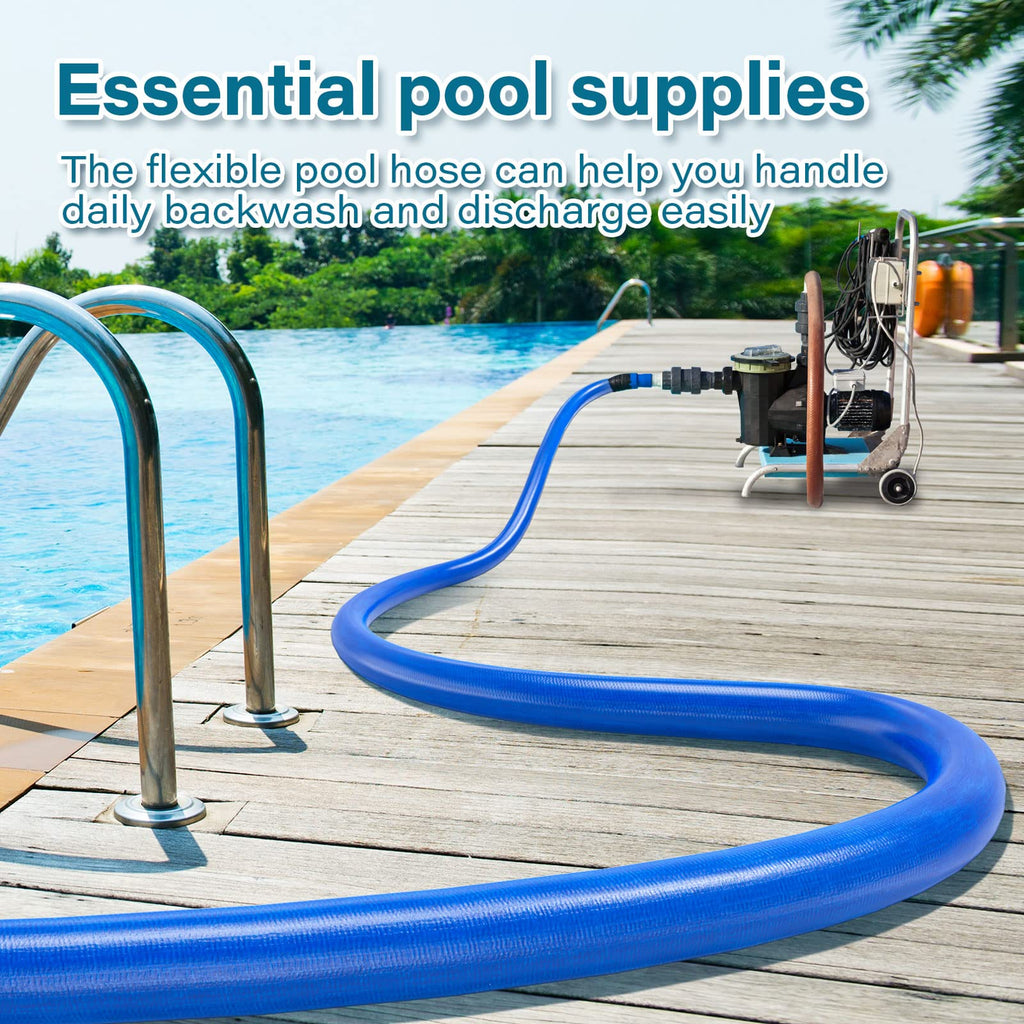 Jin&Bao 2" x 25 FT Pool Backwash Hose, Heavy Duty Reinforced Lay-Flat Discharge Hose, Burst Resistant Drain Hose with 2 Clamps, for Pool Filter & Sump Pump-Blue