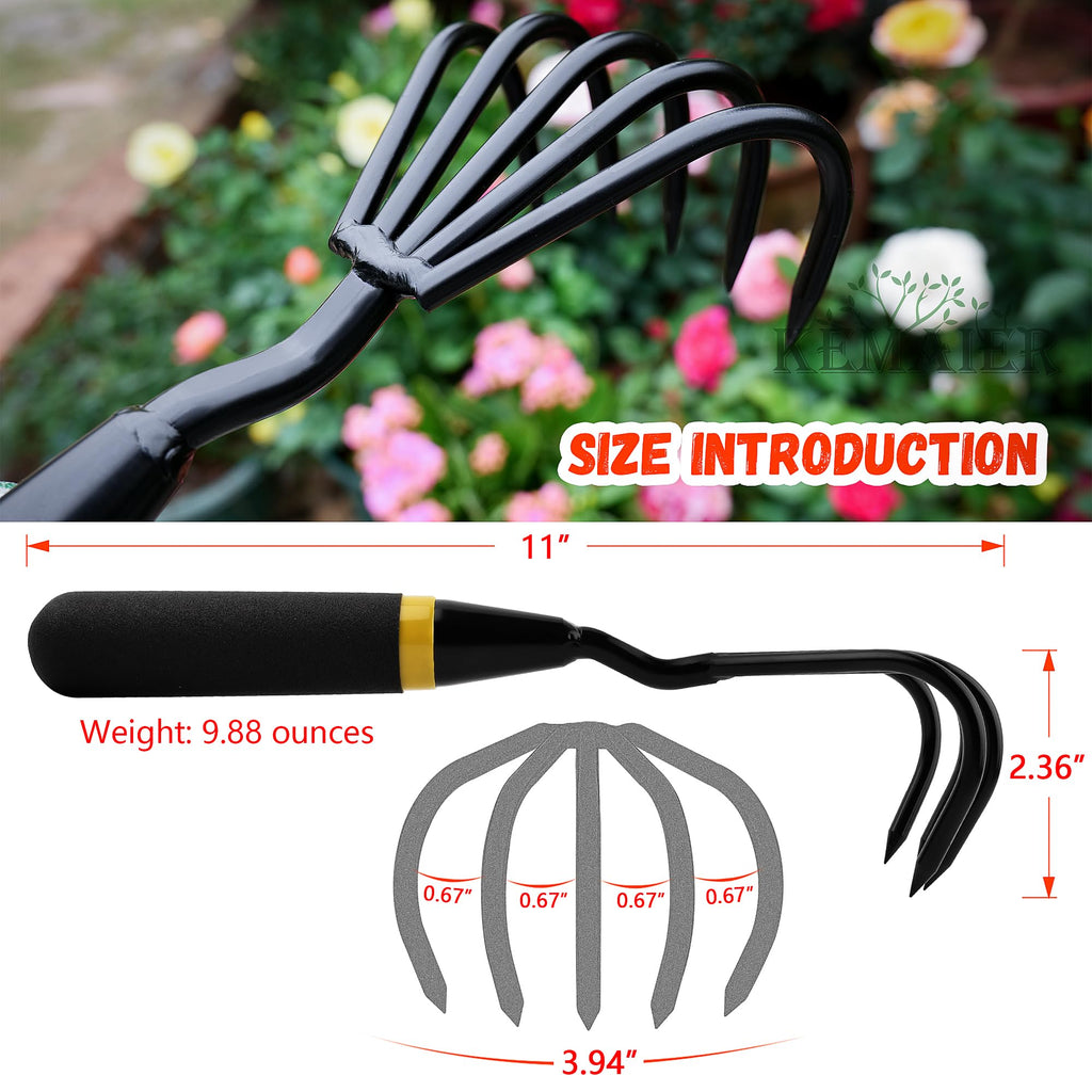 Kemaier Hand Rake Cultivator - 5-Claw Heavy Duty Stainless Steel Tool