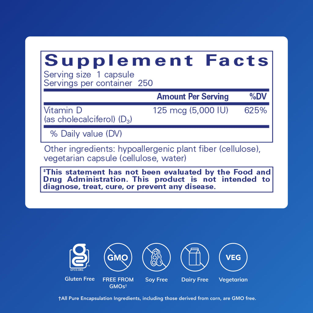 Pure Encapsulations Vitamin D3 125 mcg (5,000 IU) - Supplement to Support Bone, Joint, Breast, Heart, Colon, and Immune Health* - with Vitamin D - 250 Capsules