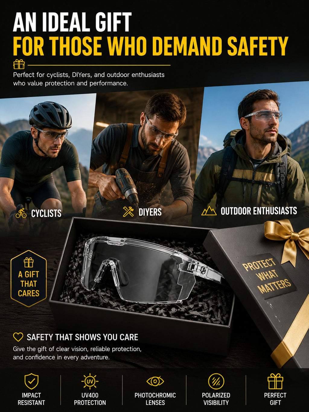 FOSHANEER UV400 Photochromic Polarized Safety Glasses - Impact Resistant Outdoor Sports Eyewear with Transition Lenses - Anti-Glare Protective Work Sunglasses for Cycling, Driving & Fishing (Bule)